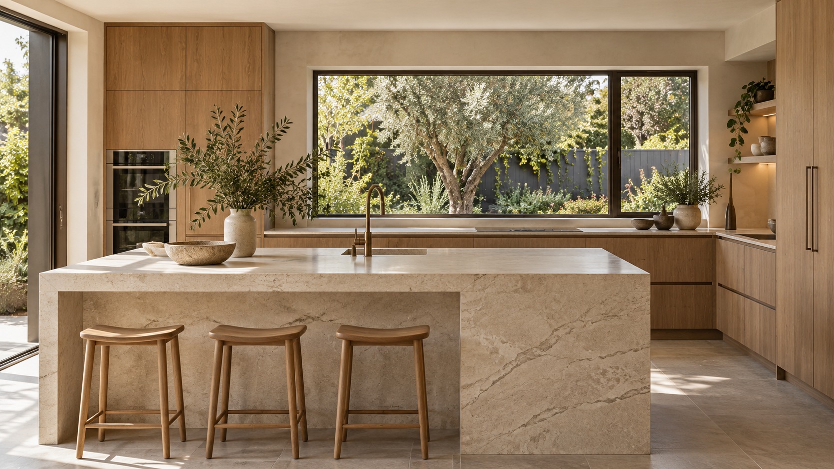 Oak cabinetry and pale stone kitchen inspiration